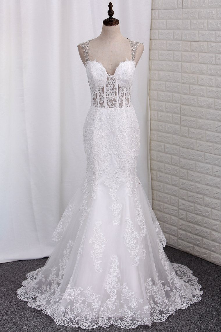 2024 Mermaid Wedding Dresses Tulle Spaghetti Straps With Applique Court Train