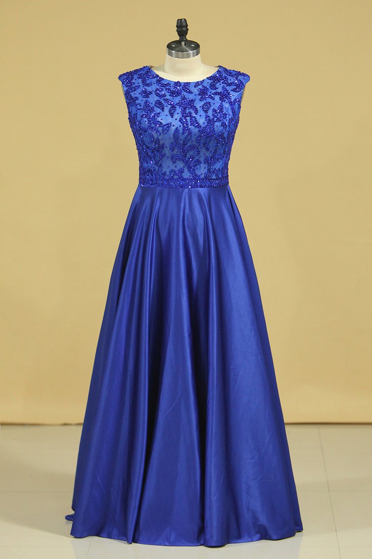 2024 Plus Size A Line Prom Dresses Scoop Dark Royal Blue Satin Cap Sleeves Floor-Length