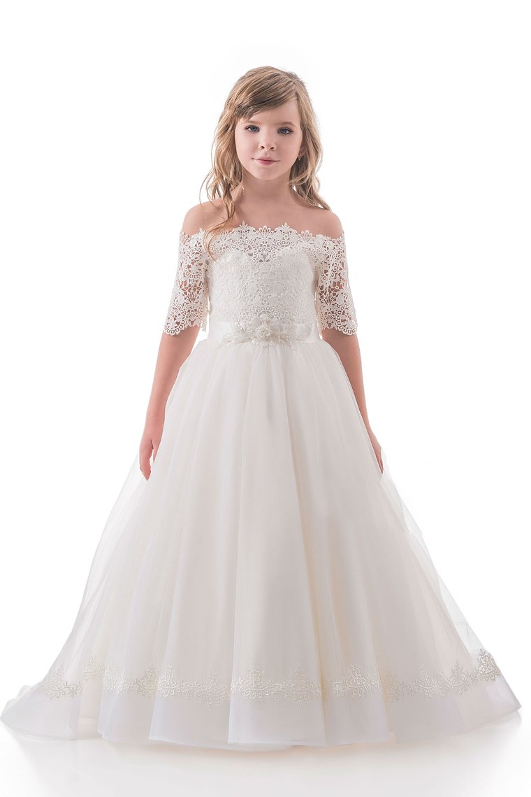 2024 Boat Neck Mid-Length Sleeves A Line Tulle With Applique Flower Girl Dresses