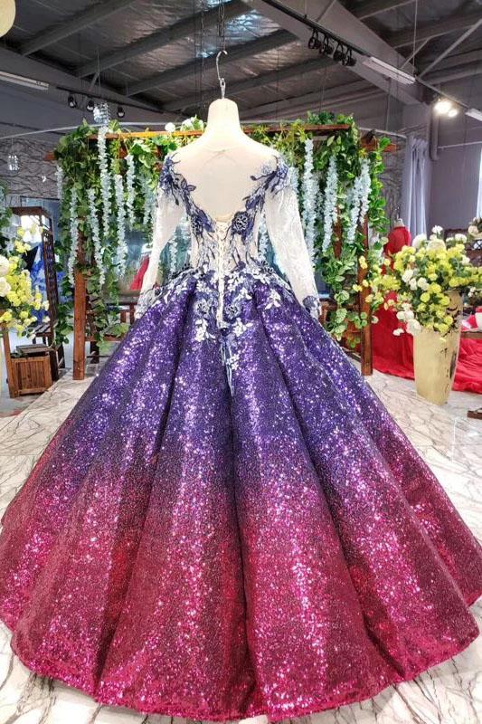 Ball Gown Ombre Sparkly Long Sleeve Sequins Prom Dresses, Quinceanera Dresses SRS15066