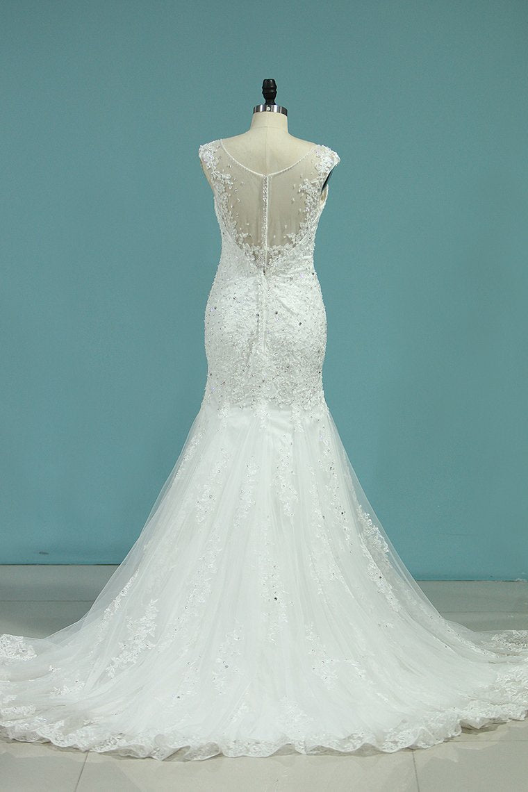 2024 New Arrival Wedding Dresses V Neck Mermaid Tulle With Applique Chapel Train