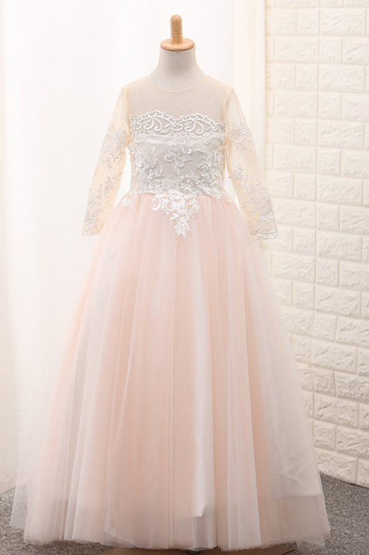 2024 Ball Gown Scoop Long Sleeves Flower Girl Dresses Tulle With Aplique