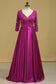 Plus Size V Neck A Line Mother Of The Bride Dresses Satin With Applique & Beads 3/4 Length Sleeves