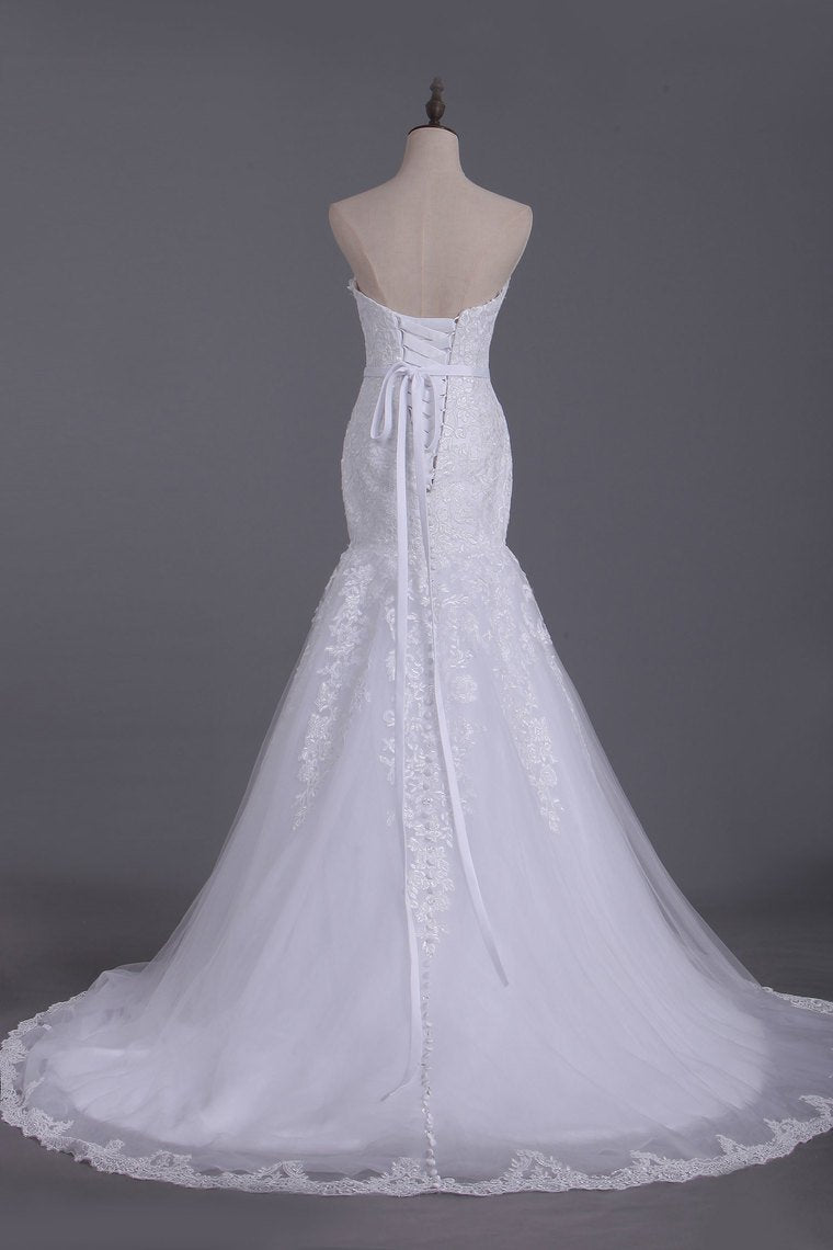 2024 White Sweetheart Wedding Dresses Tulle With Applique & Beads Mermaid/Trumpet