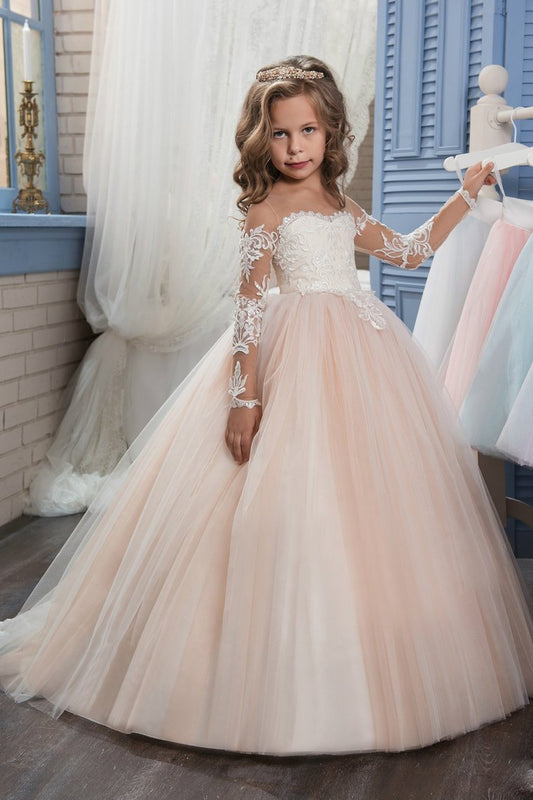 2024 Scoop Flower Girl Dresses Ball Gown Long Sleeves Tulle With Aplique