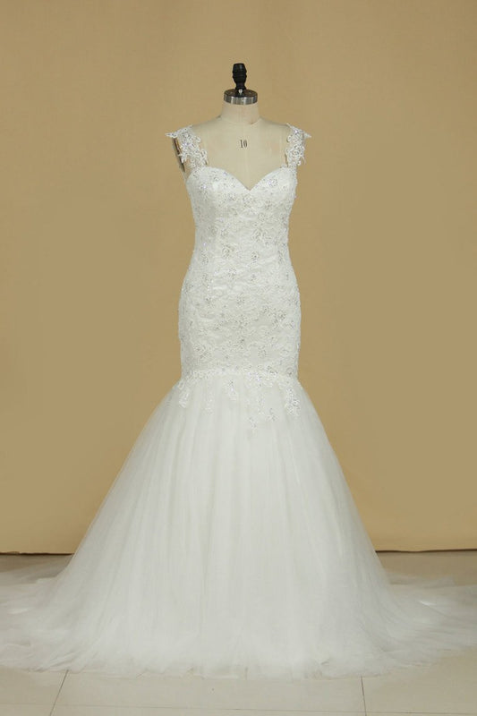 2024 Mermaid Wedding Dresses Straps Tulle Court Train With Applique