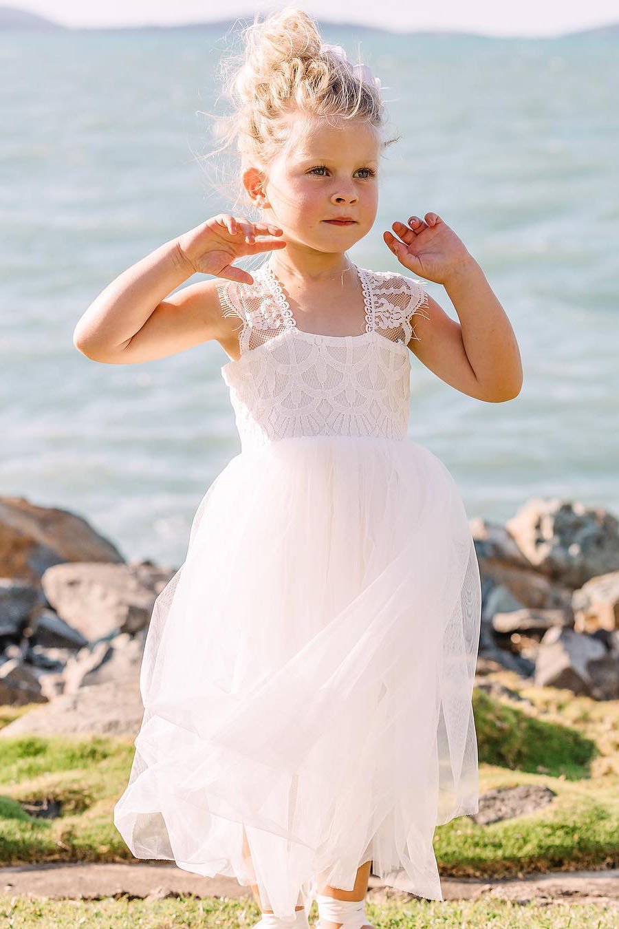 Cap Sleeves Lace Top Tulle Skirt Flower Girl Dresses, Beach Cute Little Girl Dresses SJS15567