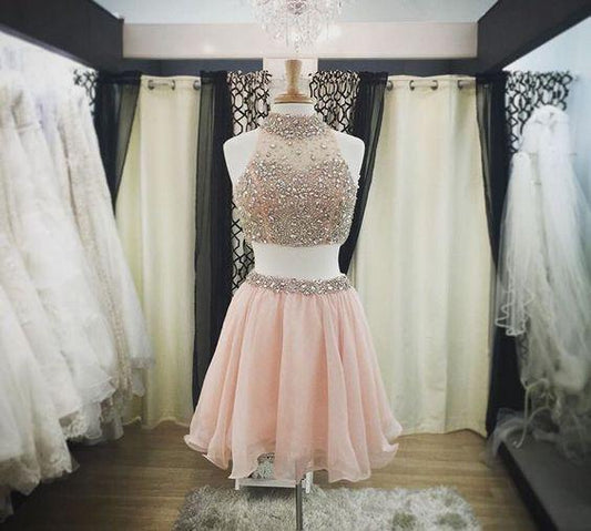 Two Pieces Halter Cute Mini Blush Pink Sexy Short Homecoming Dresses CM925