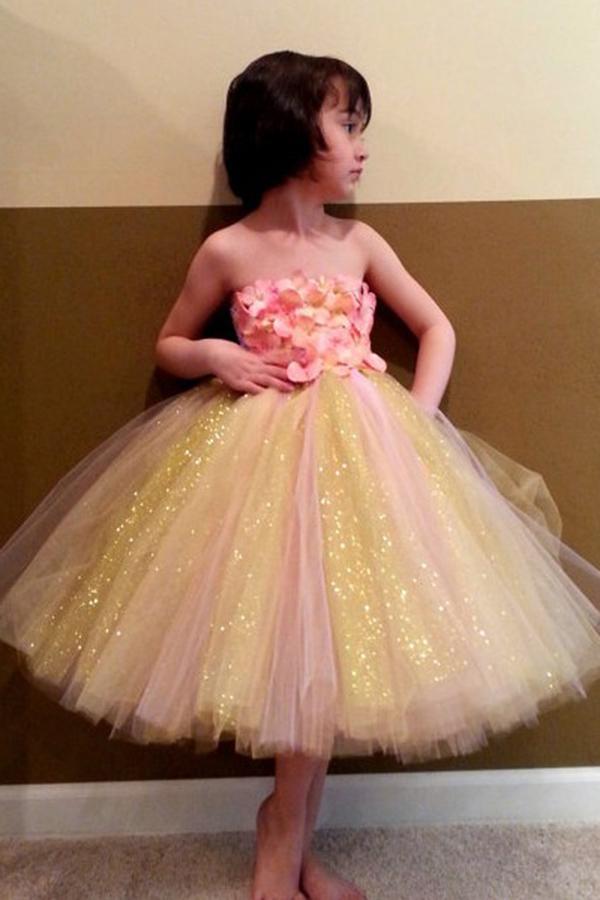 Sweet Ball Gown Strapless Tulle Ankle-length Bowknot Ribbons Multi Flower Girl Dresses JS734