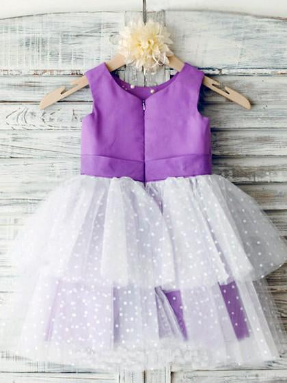 Ball Gown Ivory Scoop Neck Satin Purple Tulle Ankle-length Tiered Child Flower Girl Dresses JS736