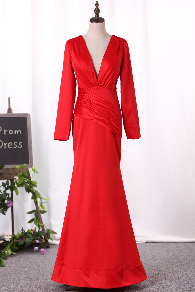 New Arrival Mother Of The Bride Dresses V Neck Long Sleeves Mermaid Stretch Satin