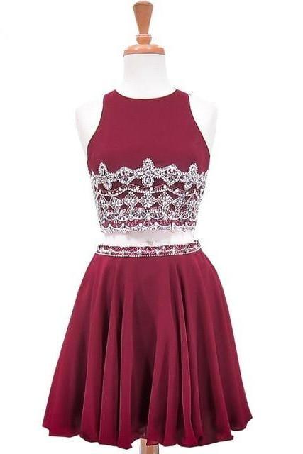 Sweet Party Lori Chiffon Homecoming Dresses A-Line Scoop Neck Sleeveless Beaded Crystals Burgundy Two Piece Short CD10031