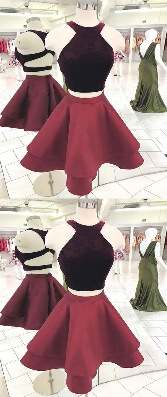 Madeleine Two Pieces Homecoming Dresses Cute Burgundy Short Dress Burgundy CD1021