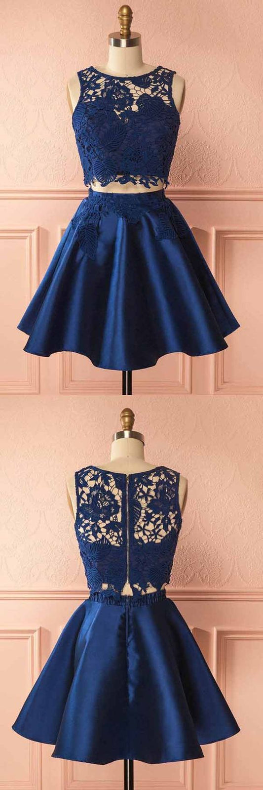 Two Piece Dark Blue With Appliques Homecoming Dresses Gabrielle Lace Satin CD10357