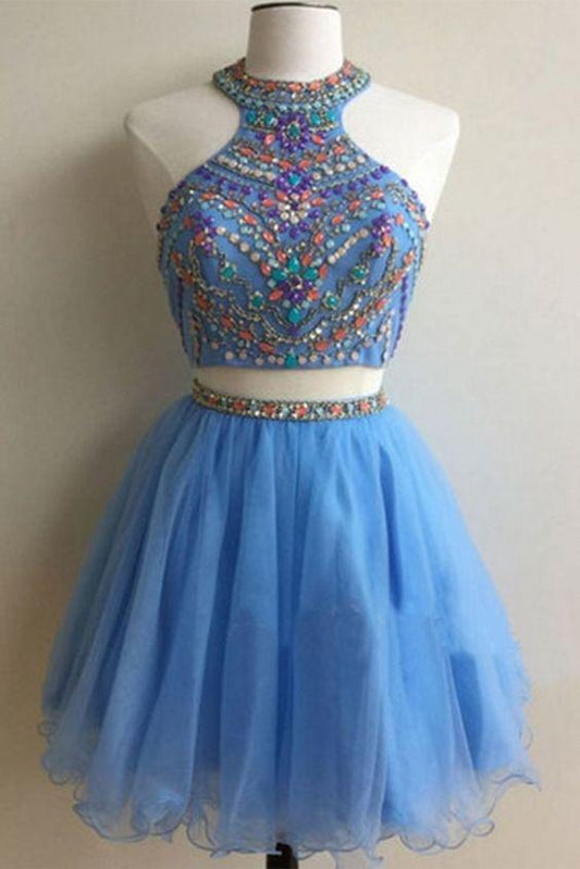 Light Blue Organza Beading Sequins A-Line Short For Two Pieces Homecoming Dresses Marissa Teens Party Dresses CD10497