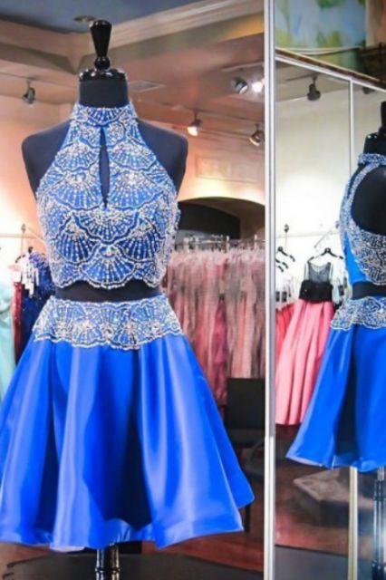 Two Piece High Neck Keyhole Open Back Short Beaded Homecoming Dresses Satin Royal Blue Payten CD10730