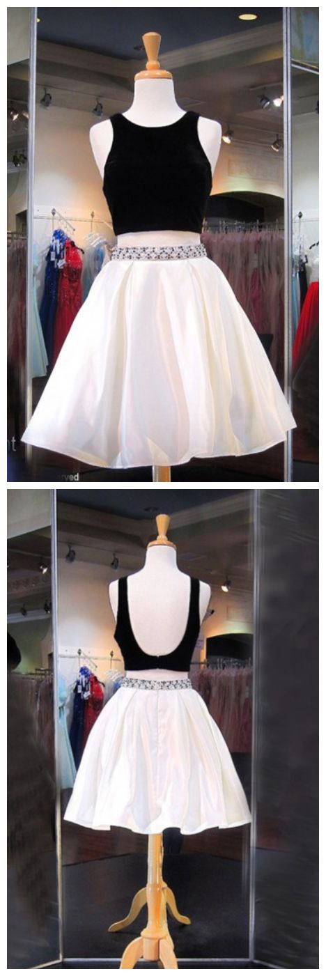 Two Piece Homecoming Dresses Ivory Hailie Satin Crew Knee-Length Backless With Beading CD10732