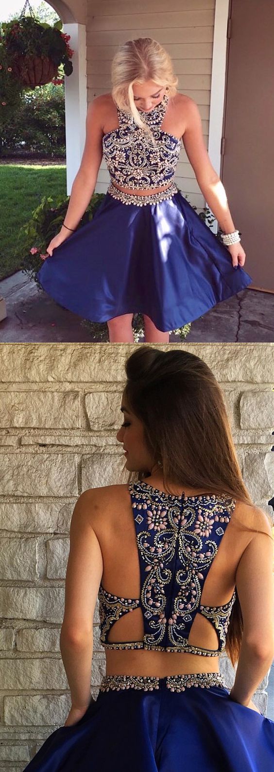 Two Piece Short Navy Blue Dresses Beaded Short Dancing Dresses Dania Homecoming Dresses CD1082