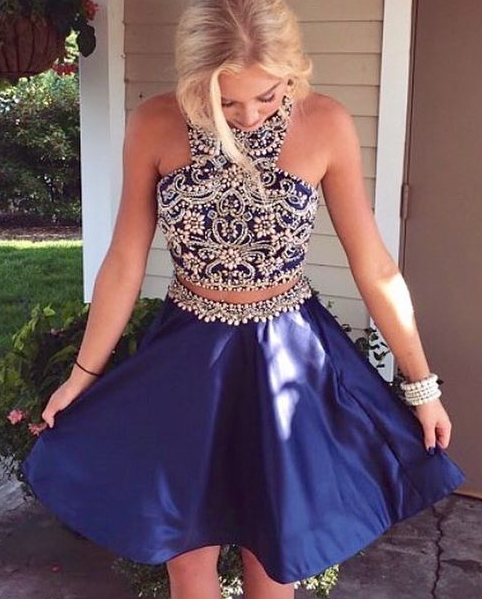 Two Piece Short Navy Blue Dresses Beaded Short Dancing Dresses Dania Homecoming Dresses CD1082