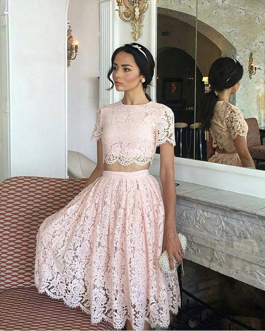 Round Neck Short Homecoming Dresses Paisley Two Pieces Lace Sleeves Knee Length CD1136