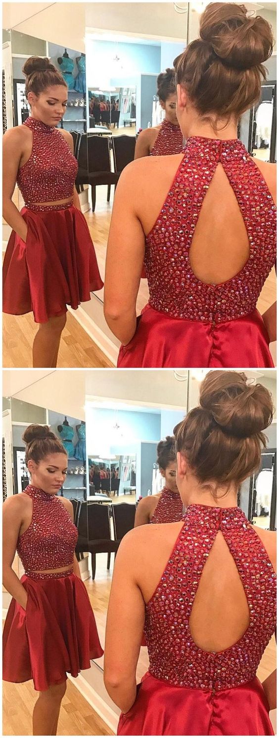 Sexy Two Piece Homecoming Dresses Rosalie Short Rhinestone Cute Red CD1139