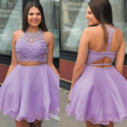 Purple Two Piece Dresses Short 2024 Beaded Halter Sexy Tricia Homecoming Dresses Lavender Graduation Dress CD11563