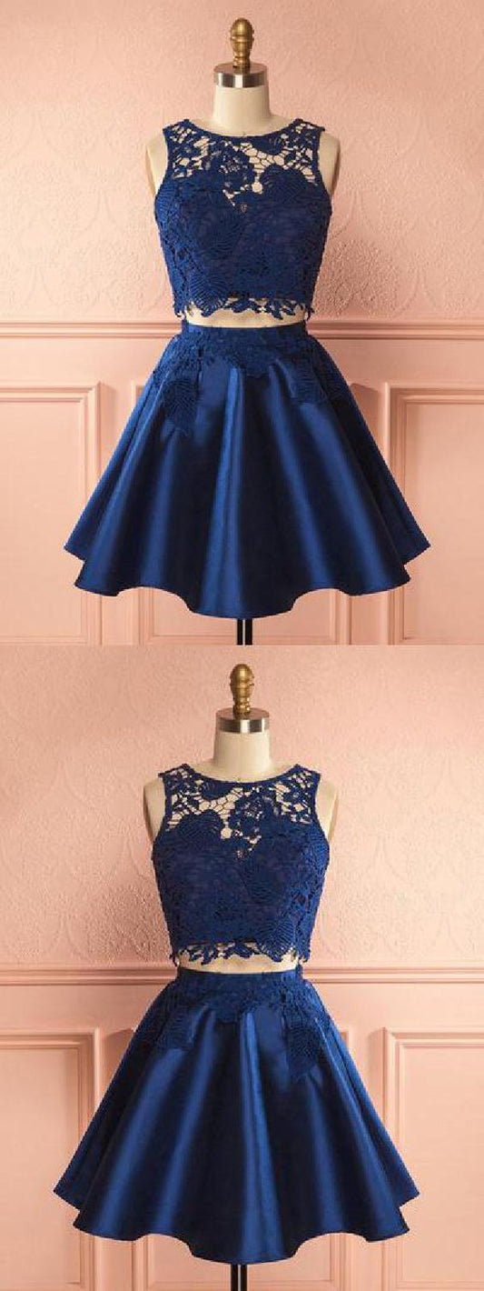 Navy Chic Satin Homecoming Dresses Two Pieces Millicent Dark Navy Party Dress CD120