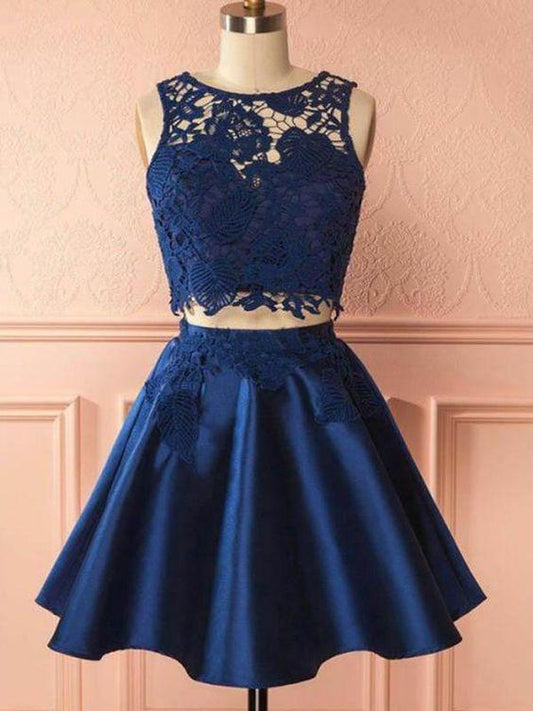 Navy Chic Satin Homecoming Dresses Two Pieces Millicent Dark Navy Party Dress CD120