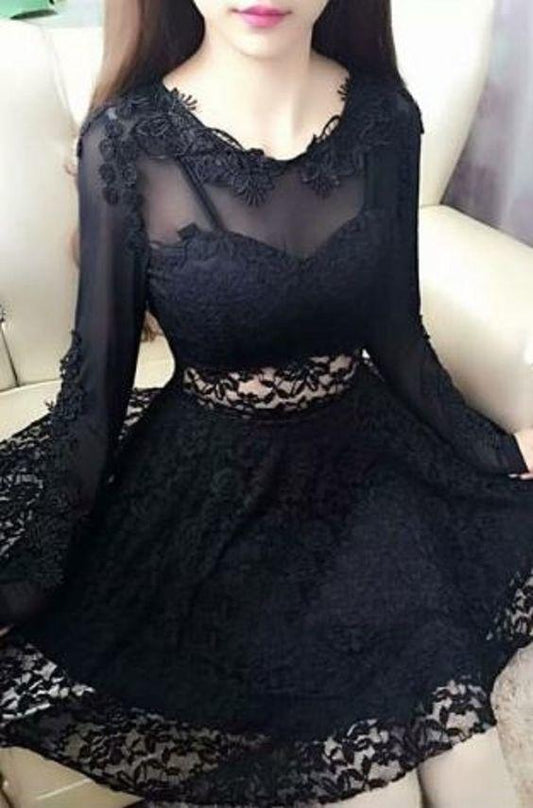 Lace Homecoming Dresses Alana Sexy Black Jewel Neck Long Sleeves A-Line Short CD1282