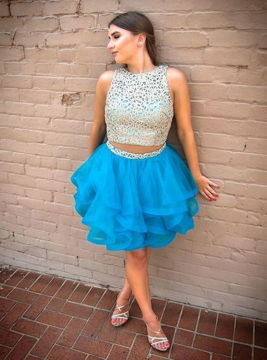 Two Piece Short Blue Homecoming Dresses Lace Jode Tulle CD13481