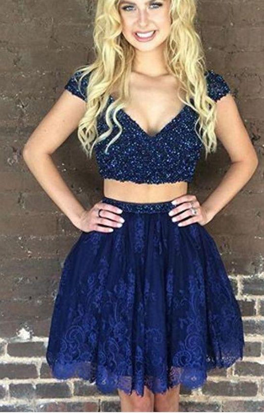 Blue , Homecoming Dresses Two Pieces , Beaded Kamari Lace CD14212