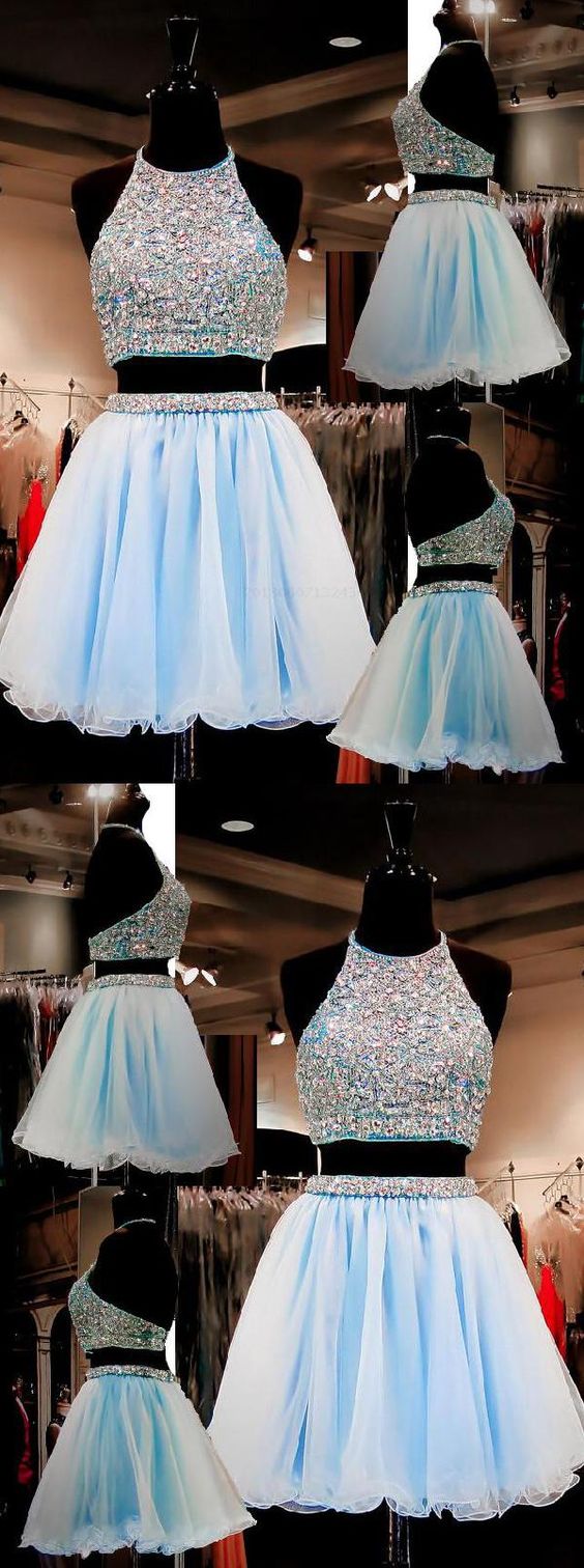 Two Piece Karly Homecoming Dresses A-Line Halter Organza Beaded Short Light Blue CD146