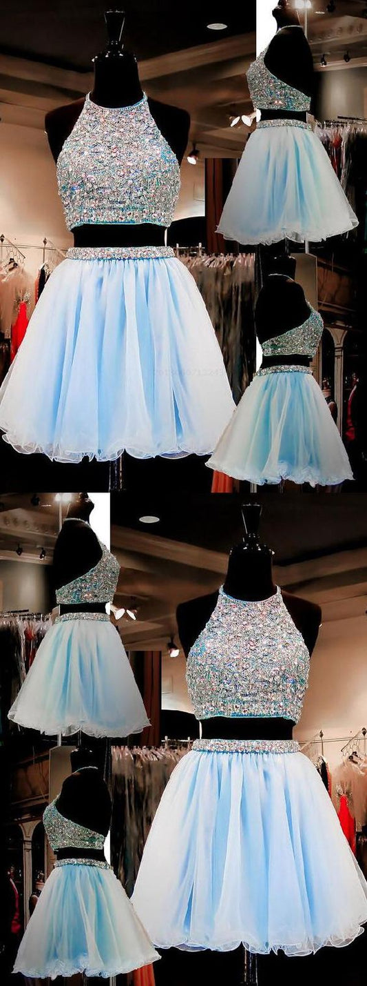 Two Piece Karly Homecoming Dresses A-Line Halter Organza Beaded Short Light Blue CD146