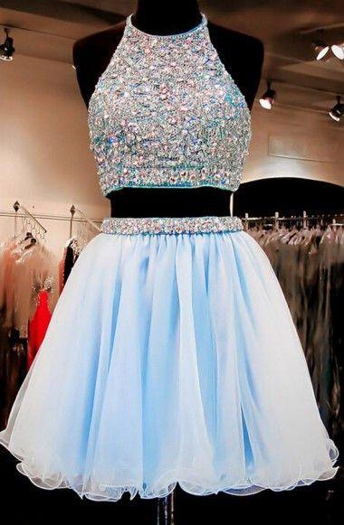 Two Piece Karly Homecoming Dresses A-Line Halter Organza Beaded Short Light Blue CD146