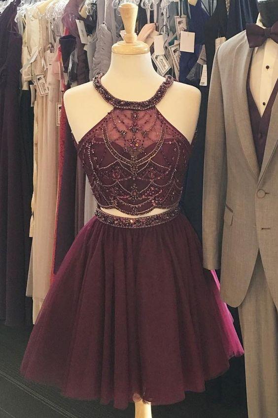 Halter Two Piece Burgundy Araceli Homecoming Dresses Beaded Party Dresses CD1484