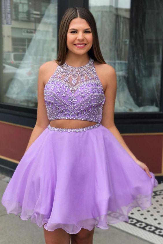 Two Piece Jewel Neck Beading Lilac Emma Homecoming Dresses CD1486