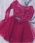 Two Piece Long Homecoming Dresses Madeline Lace Sleeves Tulle Short With Beads CD1507