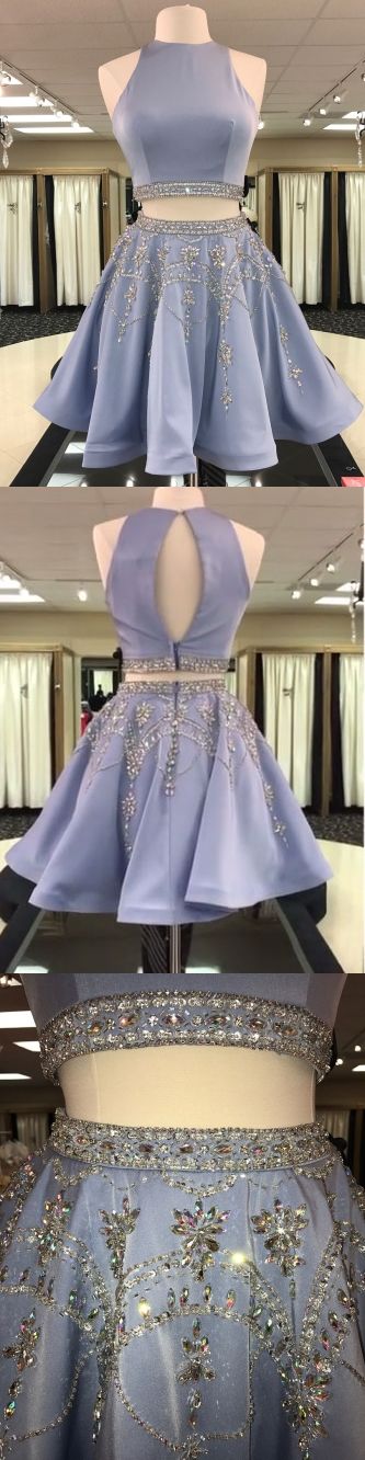 Donna Homecoming Dresses Two Piece Round Neck Short Light Sky Blue Beaded Cheap CD16