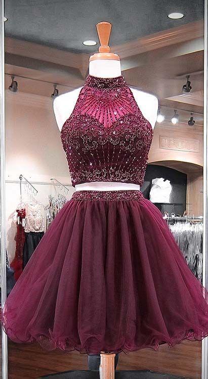 Burgundy Two Piece Beading Shea Homecoming Dresses Stylish Short Tulle Party Gowns CD1630