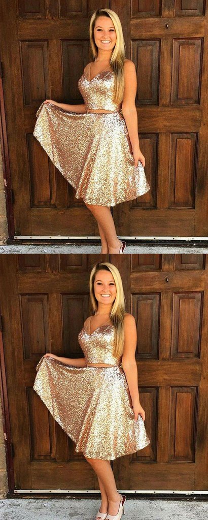 A-Line V-Neck Sleeveless Homecoming Dresses Kaila Two Pieces Gold Sequined CD1654