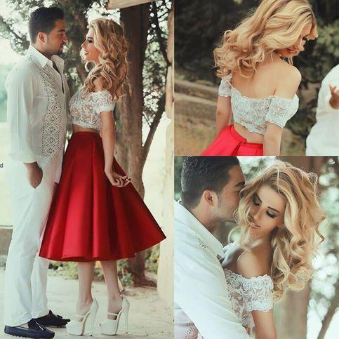 Two Piece Red Off-The-Shoulder White Short Sleeve Tea-Length Party Dresses Henrietta Satin Homecoming Dresses Lace CD167