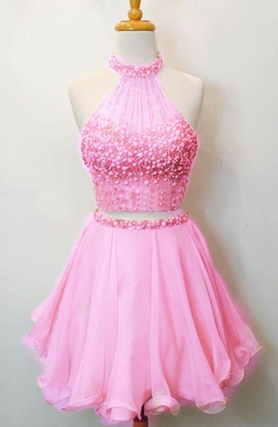 Two Piece Beaded Party Pink Bailey Homecoming Dresses Dress Gown CD1680