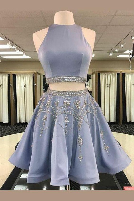 Donna Homecoming Dresses Two Piece Round Neck Short Light Sky Blue Beaded Cheap CD16