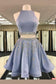 Donna Homecoming Dresses Two Piece Round Neck Short Light Sky Blue Beaded Cheap CD16