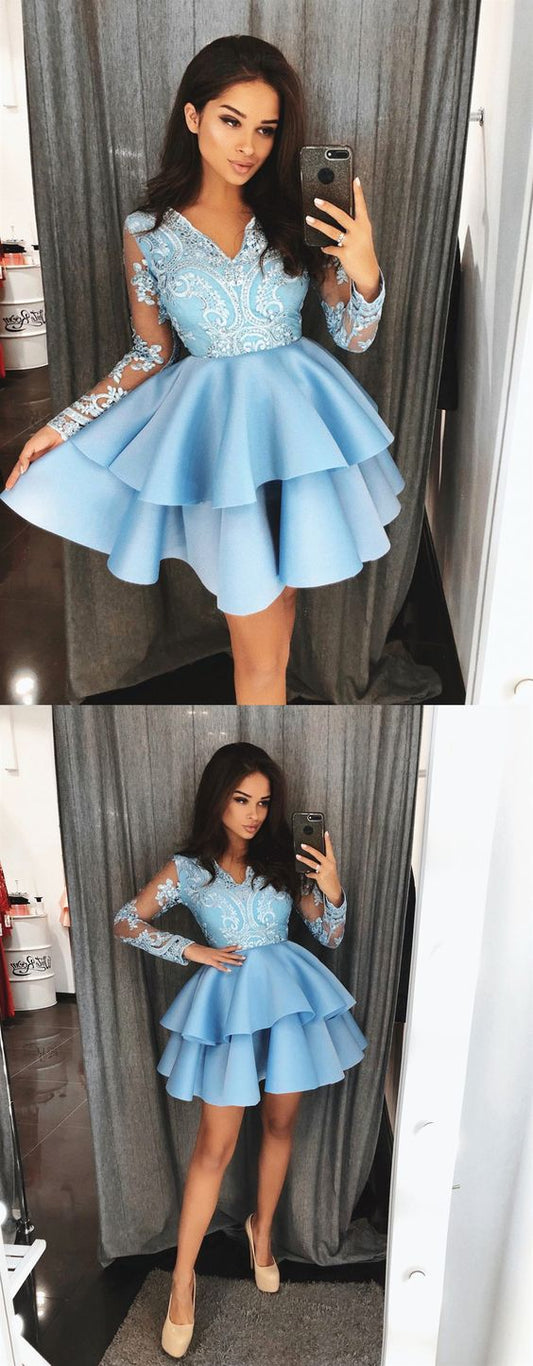 Long Sleeves Homecoming Dresses Lace Tess Short Blue Dresses Short Blue Graduation Formal Dresses CD188