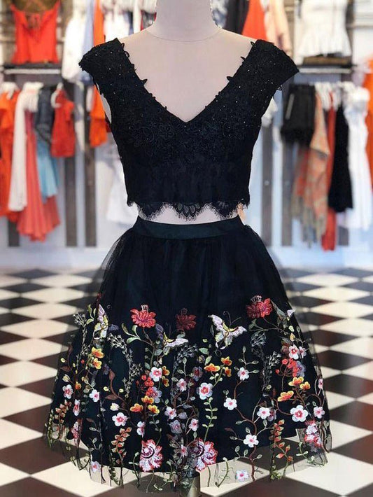 V Neck Dresses Short Black With Homecoming Dresses Madeline Two Pieces Lace Floral CD1881