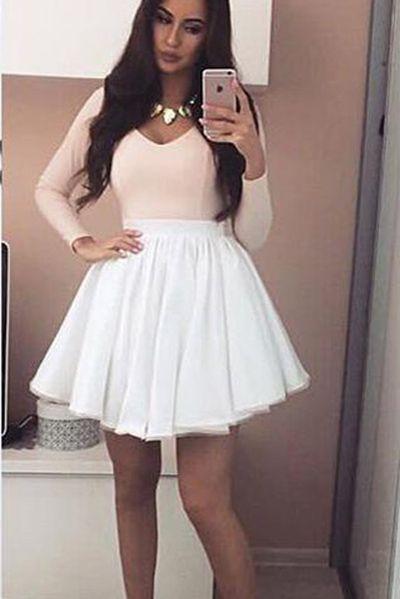 V-Neck Long Sleeves Mini Grad With White Skirt Homecoming Dresses Pink Olivia CD1958