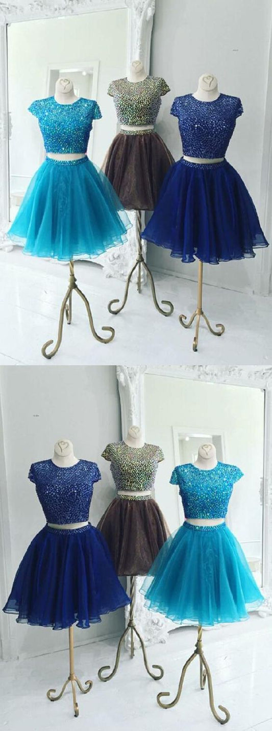 Beautiful Two Piece Royal Blue Kristin Homecoming Dresses Stunning Two Piece Jewel Cap Sleeves Short Organza CD2135