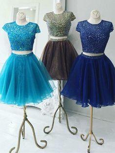 Beautiful Two Piece Royal Blue Kristin Homecoming Dresses Stunning Two Piece Jewel Cap Sleeves Short Organza CD2135