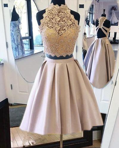 Crop Taniya Homecoming Dresses Satin Lace Skirt Two Piece CD22303